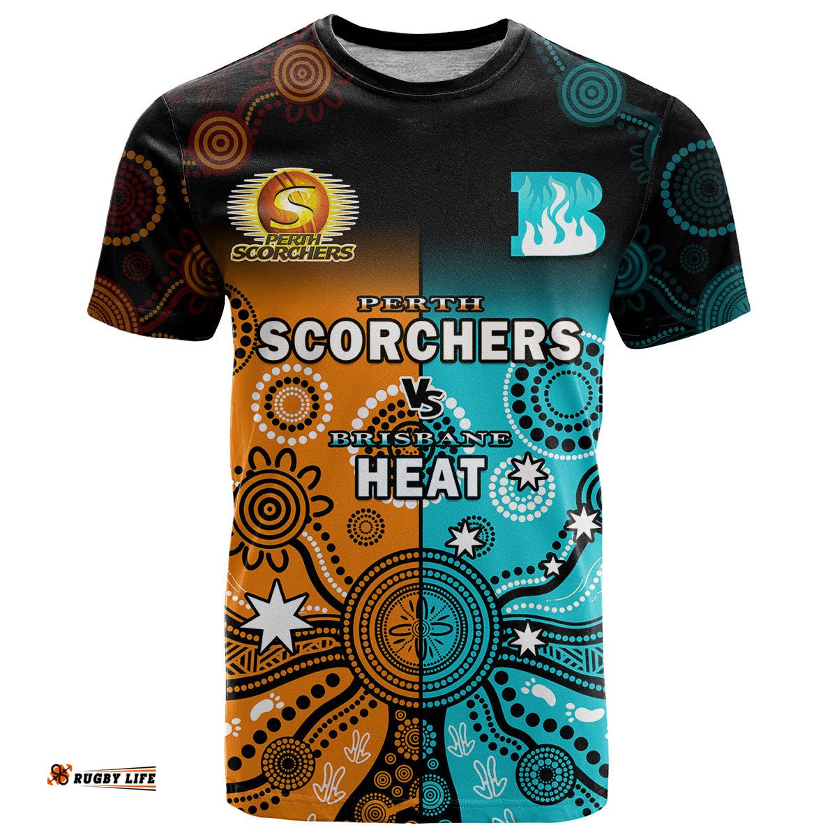 perth scorchers and brisbane heat cricket t shirt aboriginal art