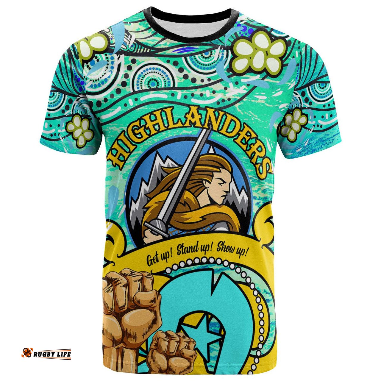 Amazing Aussie Otago Highlanders Rugby T-shirt - Custom Naidoc Week Otago Highlanders Warrior with Aboriginal Inspired "Get up! Stand up! Show up!" T-shirt