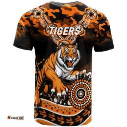 tigers rugby anzac day camouflage indigenous art t shirt