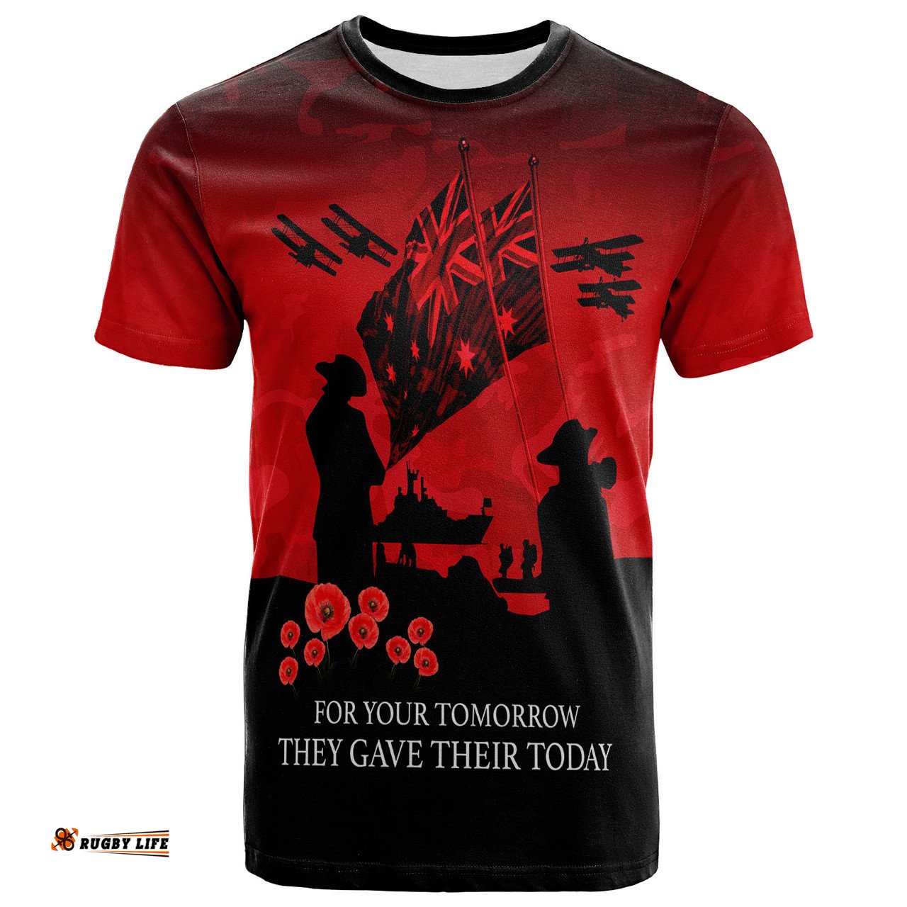 Amazing Aussie Australia T-Shirt Anzac Day Poppy Flowers Red Black Blue