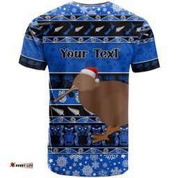 personalised new zealand christmas t shirt aotearoa kiwi meri kirihimete blue version