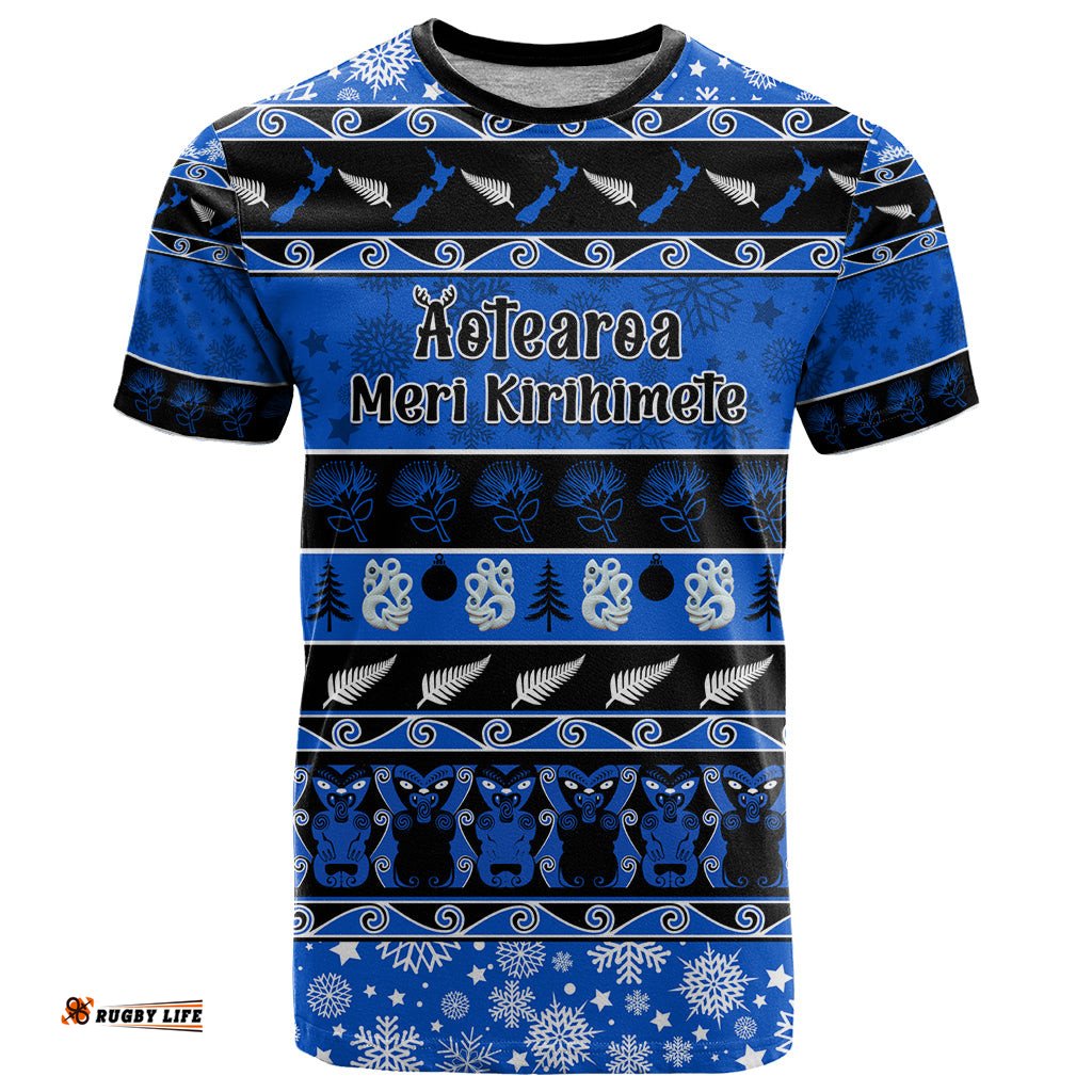 personalised new zealand christmas t shirt aotearoa kiwi meri kirihimete blue version