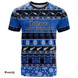 personalised new zealand christmas t shirt aotearoa kiwi meri kirihimete blue version