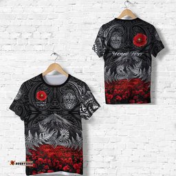 custom personalised warriors rugby t shirt new zealand mount taranaki with poppy flowers anzac vibes black