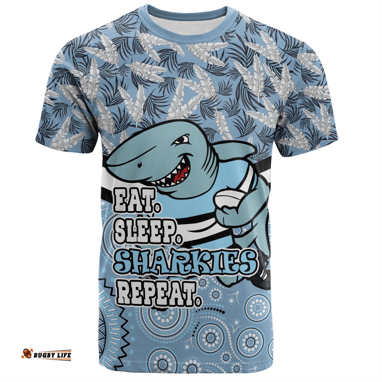 Amazing Aussie Cronulla-Sutherland Sharks T-Shirt - Tropical Patterns And Dot Painting Eat Sleep Rugby Repeat