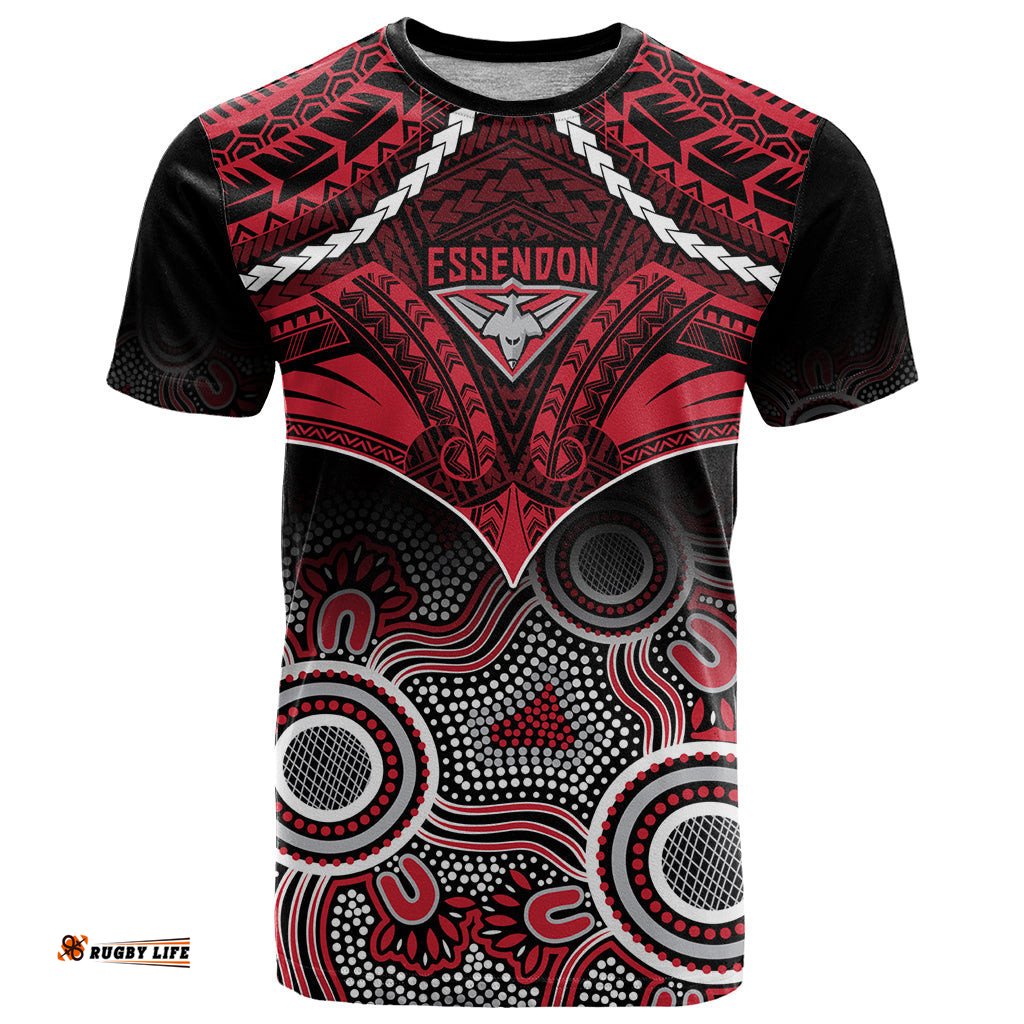 personalised essendon football t shirt bombers aboriginal mix polynesian pattern