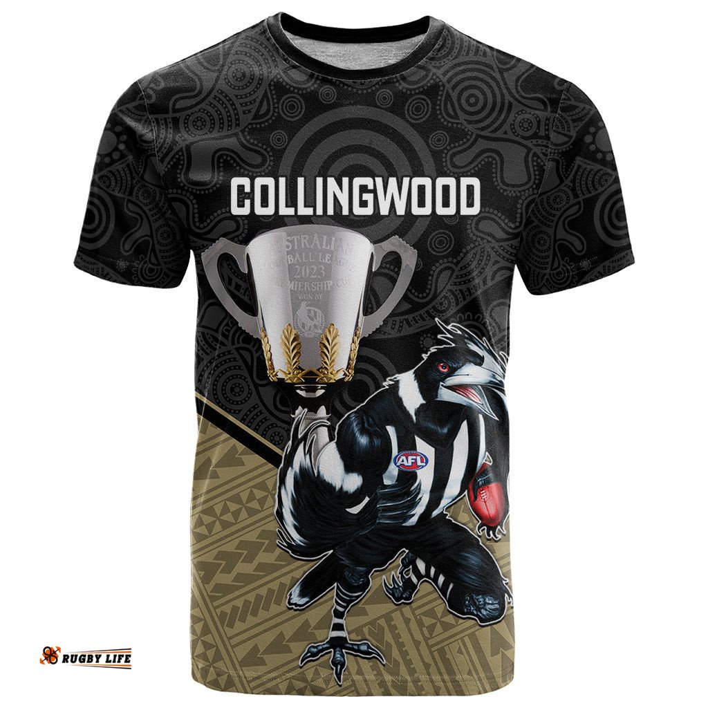 collingwood football t shirt magpies go champions 2023 polynesian indigenous art