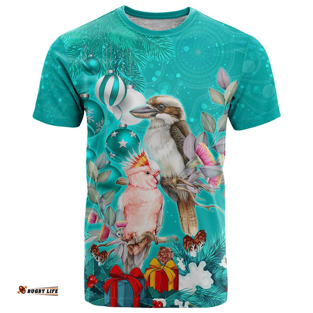 personalised kookaburra and cockatoo t shirt australia merry christmas aboriginal teal style