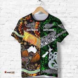 custom personalised new zealand maori aotearoa and australia aboriginal t shirt together green custom text and number