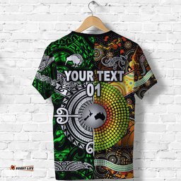 custom personalised new zealand maori aotearoa and australia aboriginal t shirt together green custom text and number