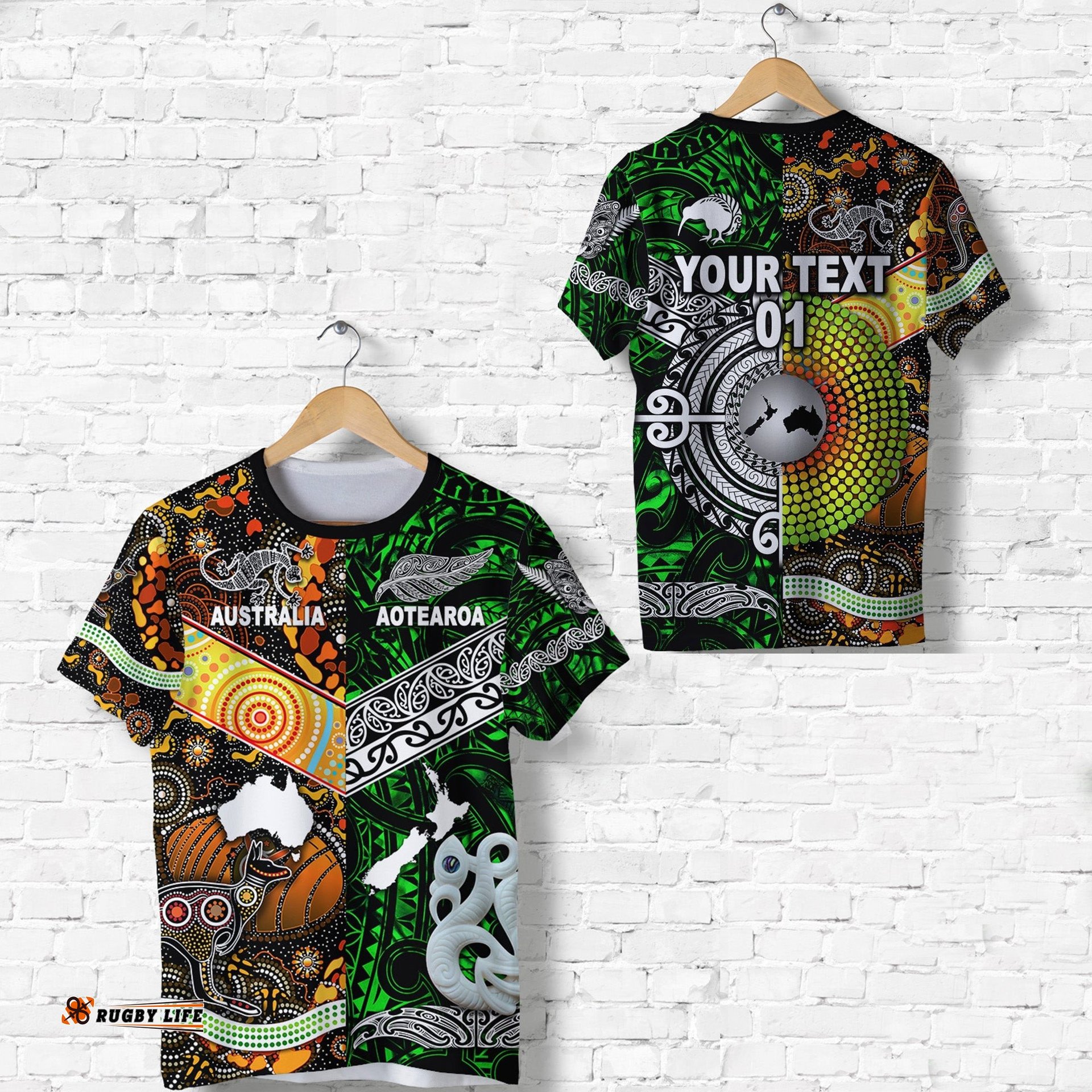 custom personalised new zealand maori aotearoa and australia aboriginal t shirt together green custom text and number