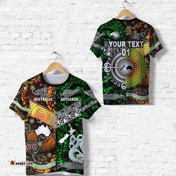 custom personalised new zealand maori aotearoa and australia aboriginal t shirt together green custom text and number