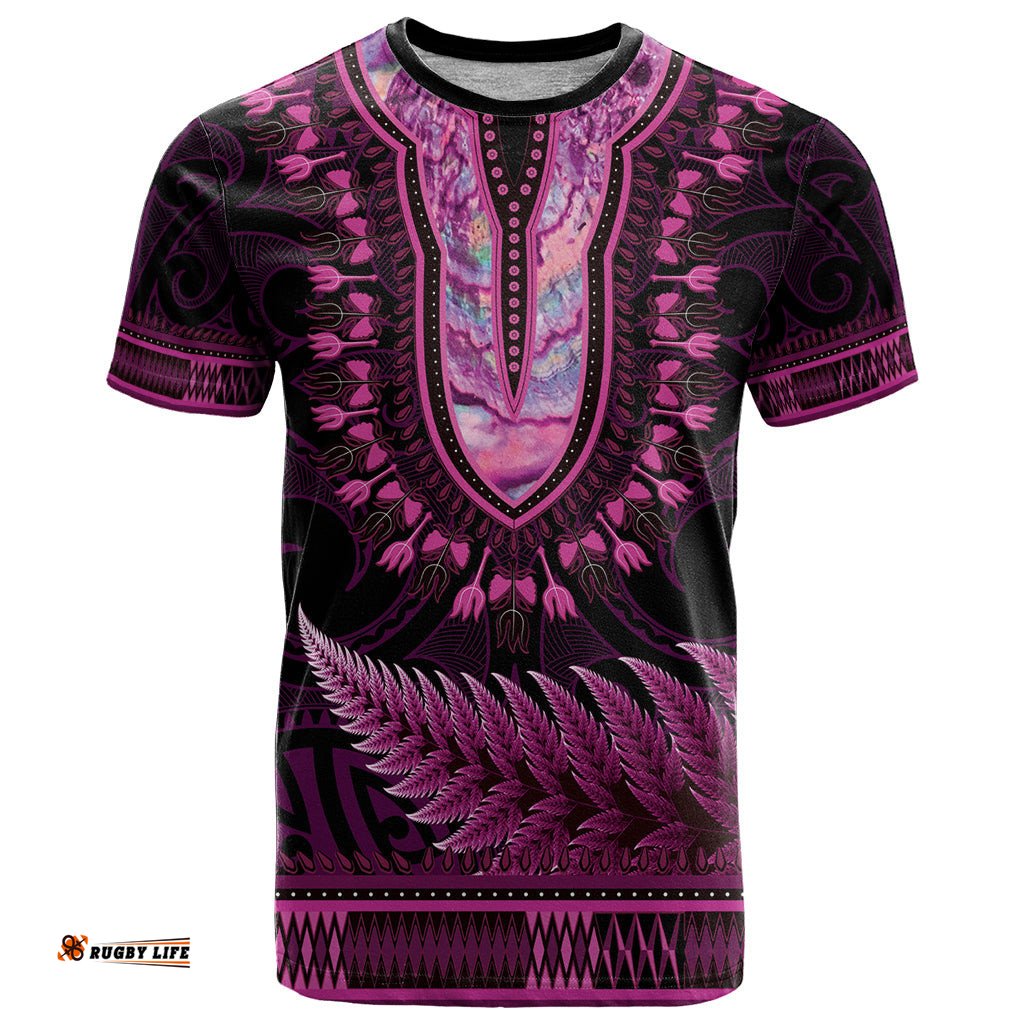 pink african dashiki with aotearoa maori t shirt paua shell mix silver fern