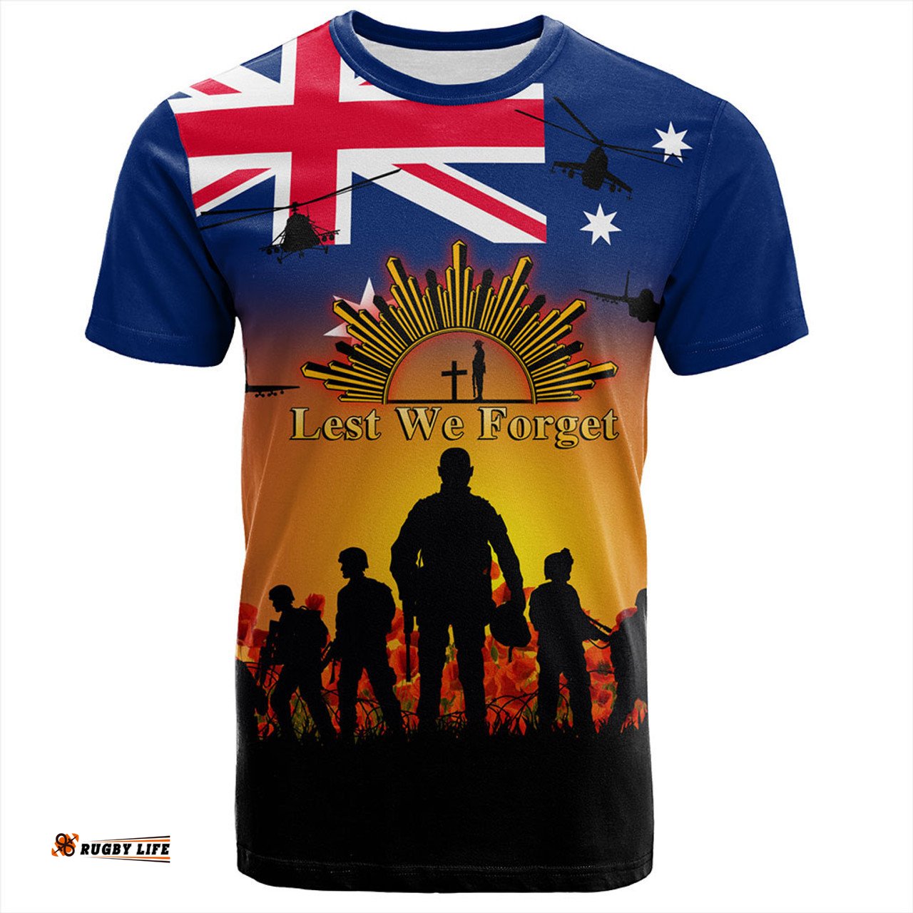 Amazing Aussie Australia T-Shirt Anzac Flag With Soldiers Sunset