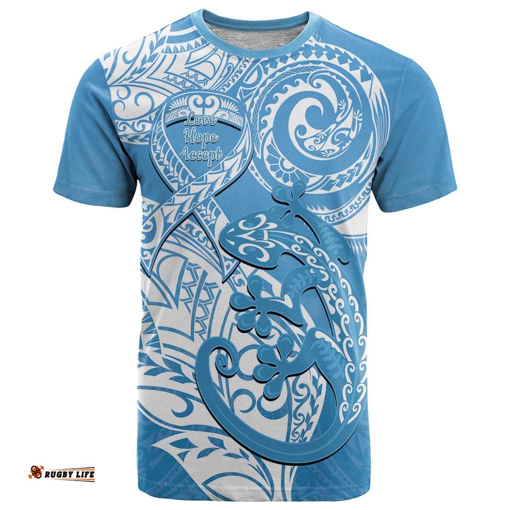 personalised new zealand autism awareness t shirt nz fern with maori koru lizard