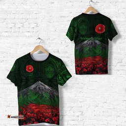 custom personalised warriors rugby t shirt new zealand mount taranaki with poppy flowers anzac vibes green