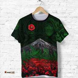 custom personalised warriors rugby t shirt new zealand mount taranaki with poppy flowers anzac vibes green