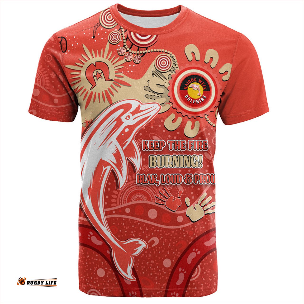 Amazing Aussie Redcliffe Dolphins T-Shirt Aboriginal Indigenous Naidoc Week Dreamtime Dot Painting With Flag