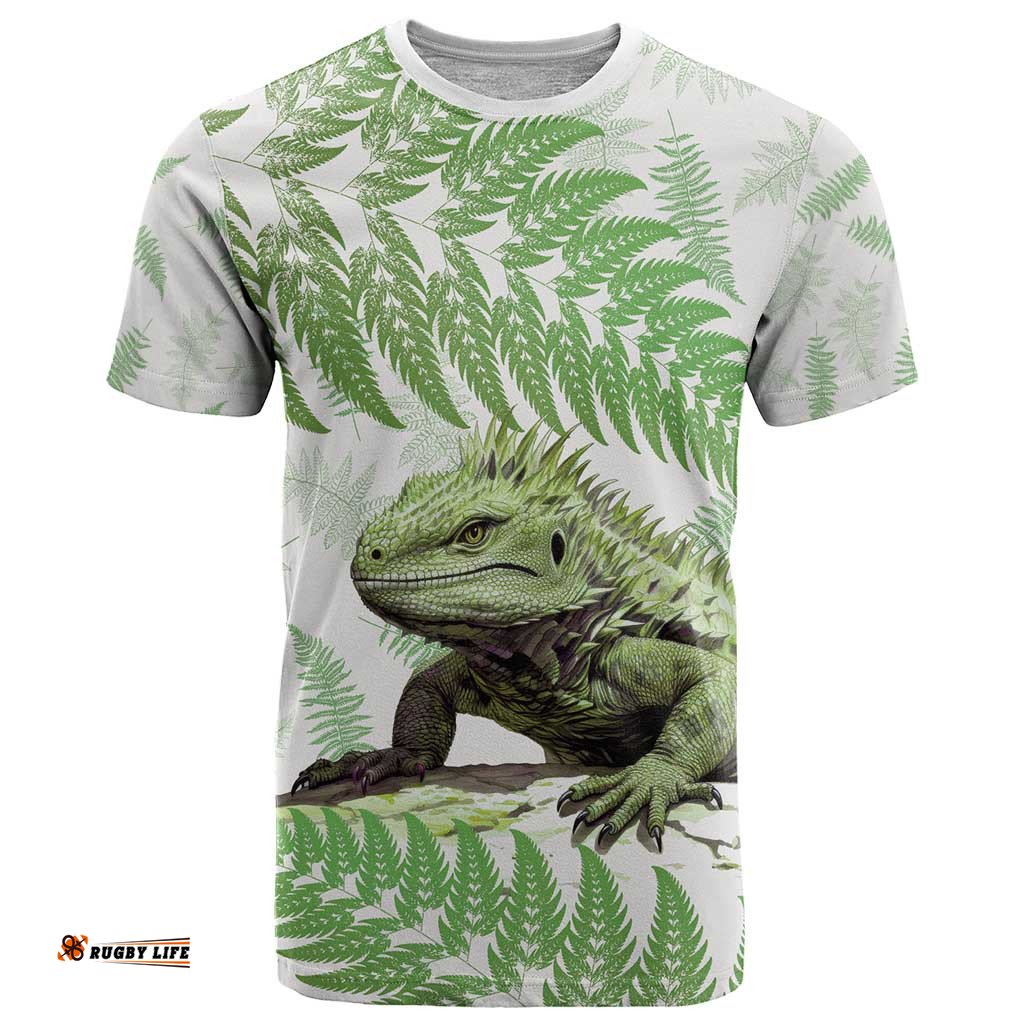 green new zealand tuatara t shirt aotearoa sphenodon punctatus silver fern