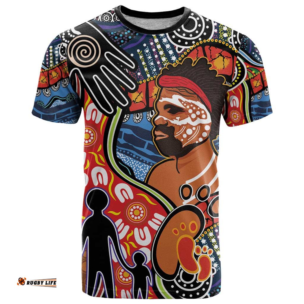 dad and son footprint fathers day personalised t shirt australian aboriginal art