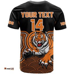 custom text and number wests tigers rugby t shirt indigenous black artsy