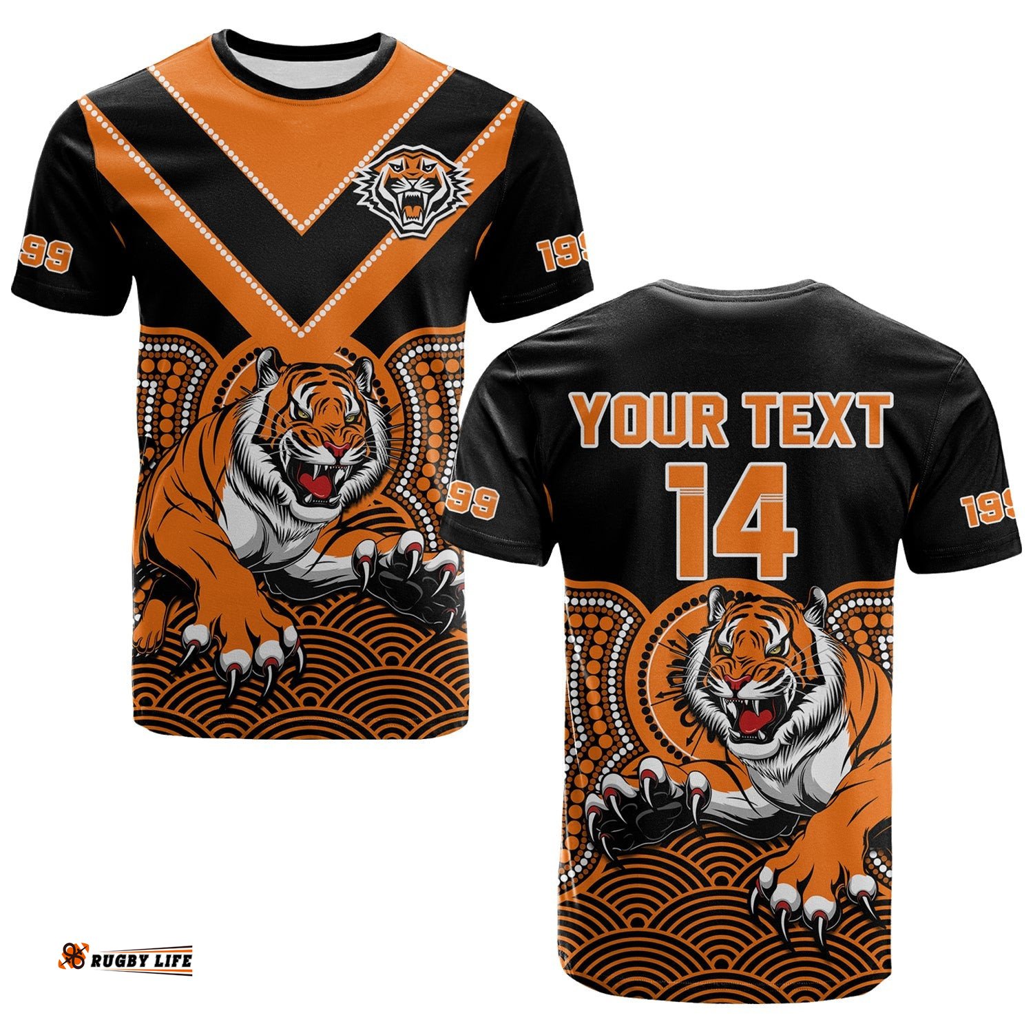 custom text and number wests tigers rugby t shirt indigenous black artsy