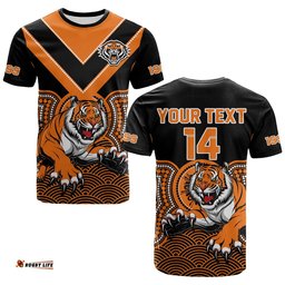 custom text and number wests tigers rugby t shirt indigenous black artsy