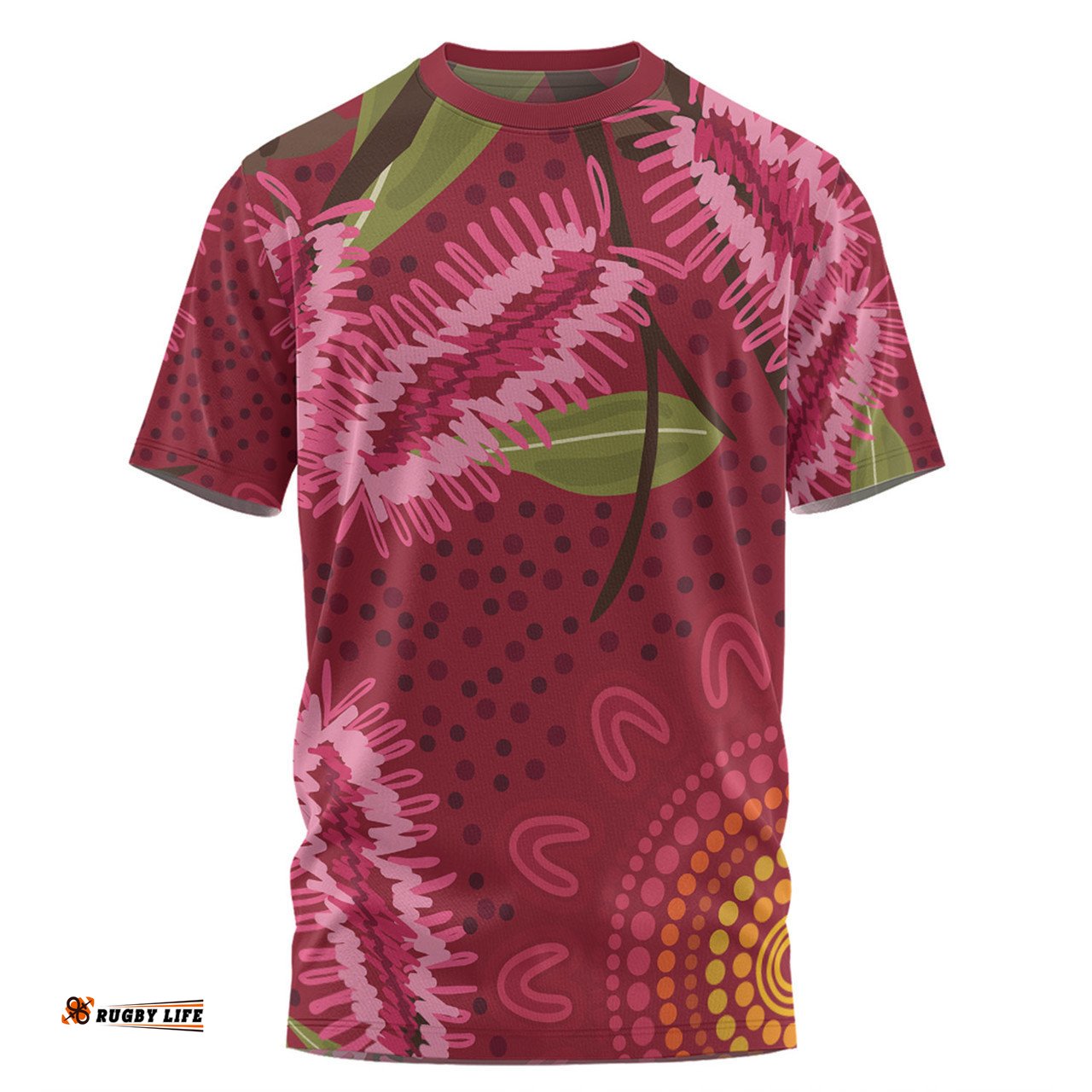 Amazing Aussie Australia Flowers Aboriginal T-shirt - Pink Bottle Brush Flora In Indigenous Painting T-shirt