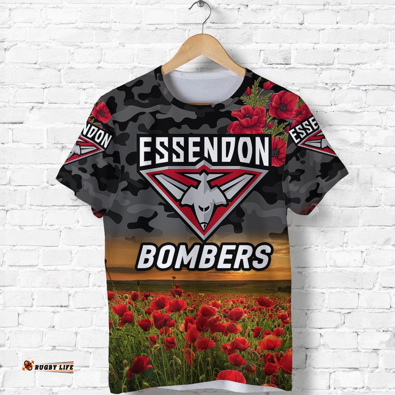 custom personalised essendon bombers anzac t shirt poppy vibes black