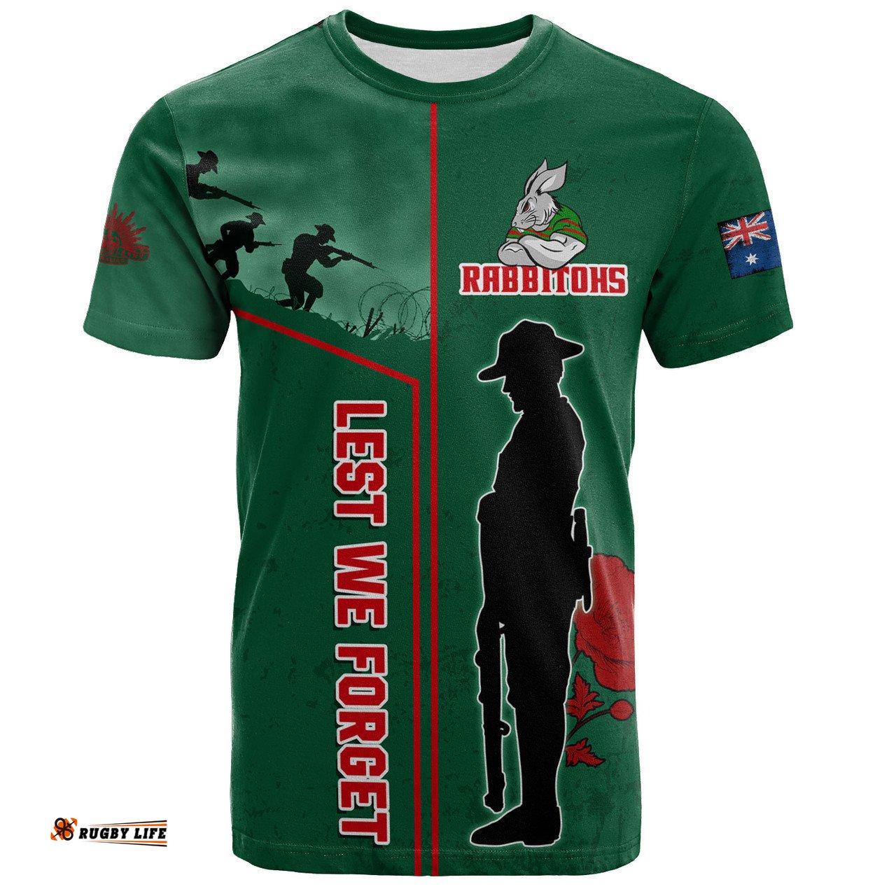 Amazing Aussie South Sydney Rabbitohs T-Shirt - Anzac Day Lest We Forget Poppy