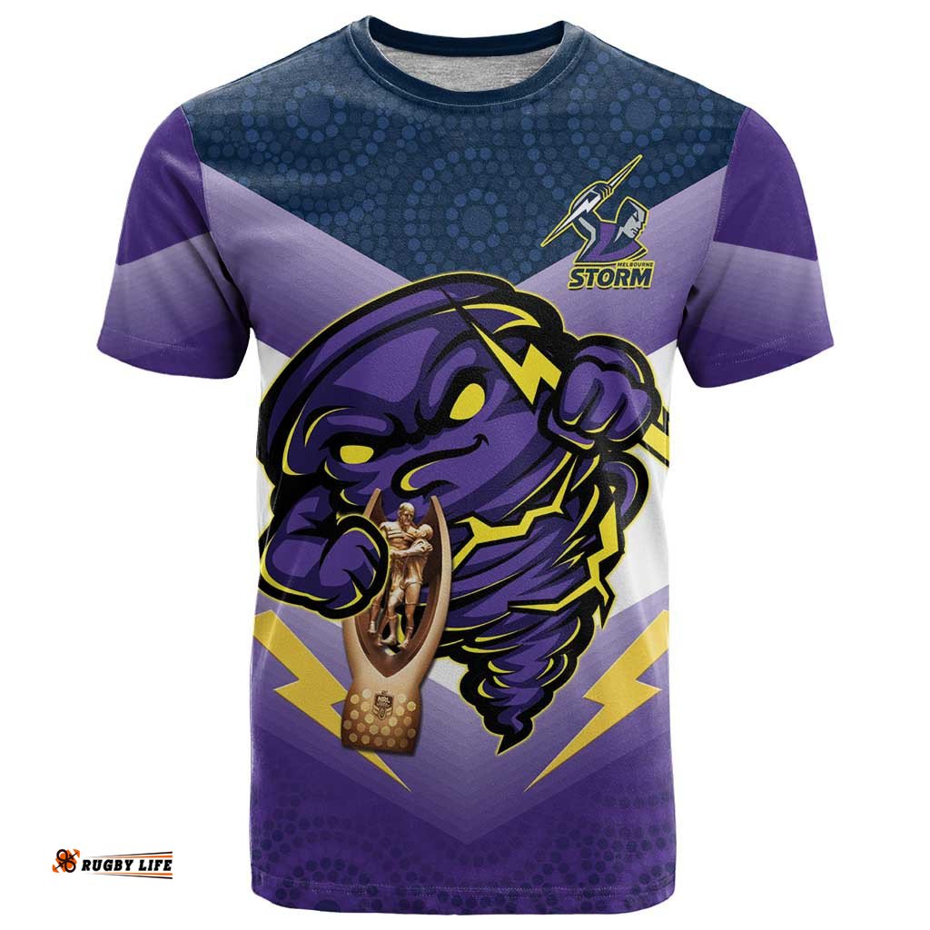 personalised storm rugby 2024 t shirt mascot with trophy go champions aboriginal art