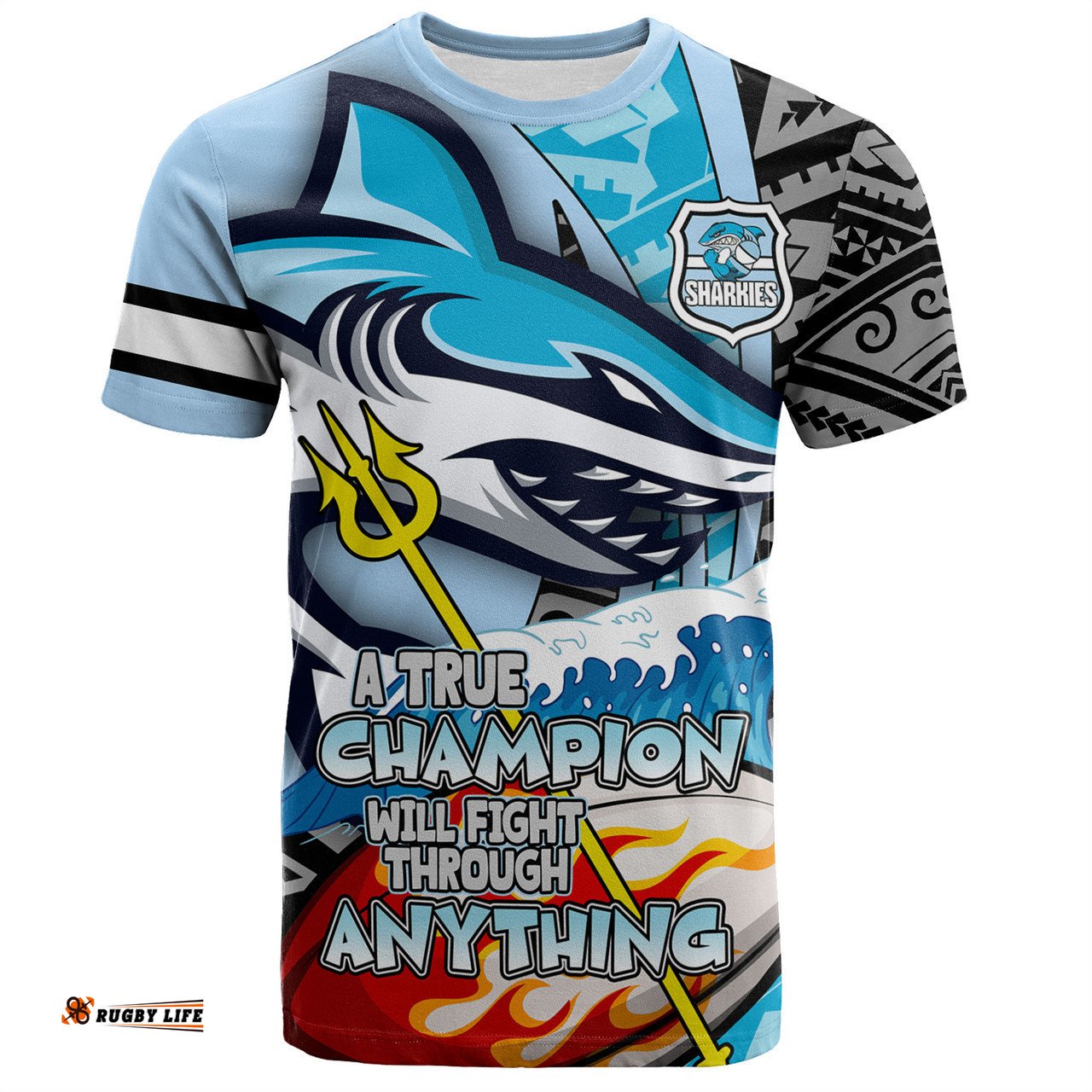 Amazing Aussie Cronulla-Sutherland Sharks Grand Final T-Shirt - A True Champion Will Fight Through Anything With Polynesian Patterns