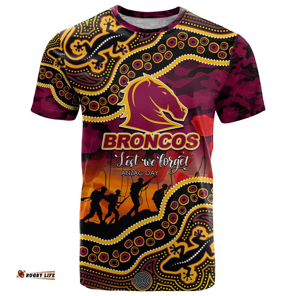 custom personalised anzac day nrl broncos t shirt aboriginal lizard patterns