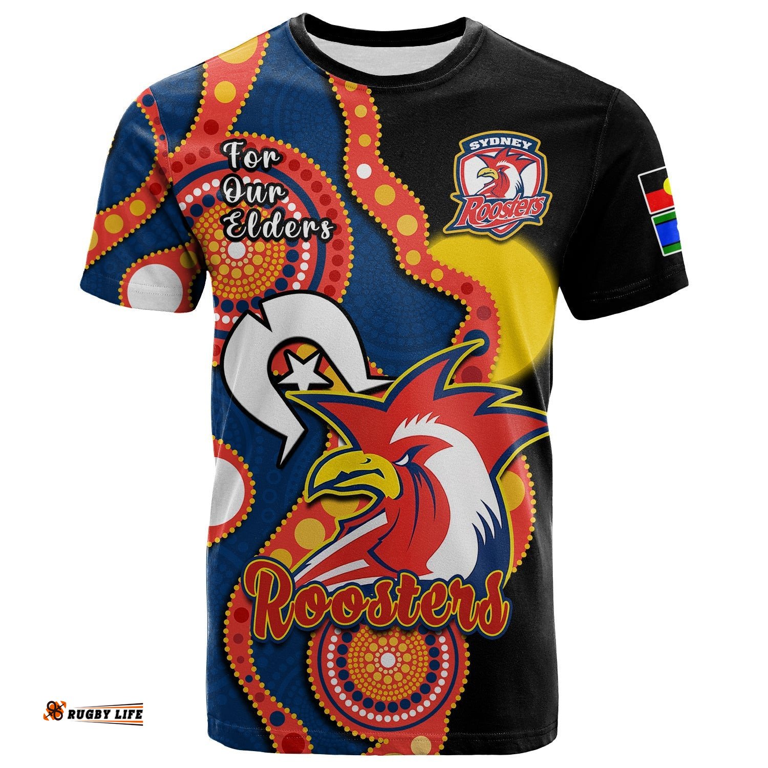 custom text and number roosters rugby naidoc 2023 t shirt tricolours for our elders indigenous art