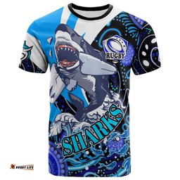 Amazing Aussie Cronulla-Sutherland Sharks T-shirt - Custom Angry Cronulla-Sutherland Sharks Team with Aboriginal Inspired Dot Painting Player And Number T-shirt