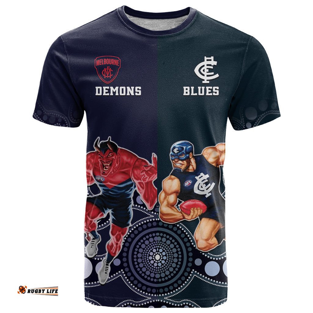 demons and blues football t shirt melbourne and calrton mascots aboriginal art