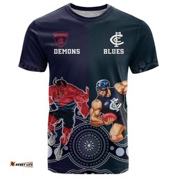 demons and blues football t shirt melbourne and calrton mascots aboriginal art