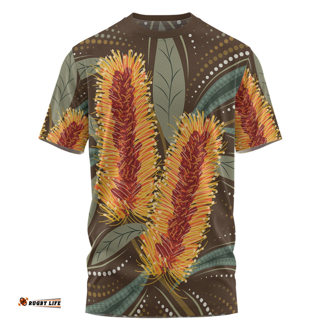 Amazing Aussie Australia Flowers Aboriginal T-shirt - Aboriginal Dot Art With Yellow Banksia Flower T-shirt