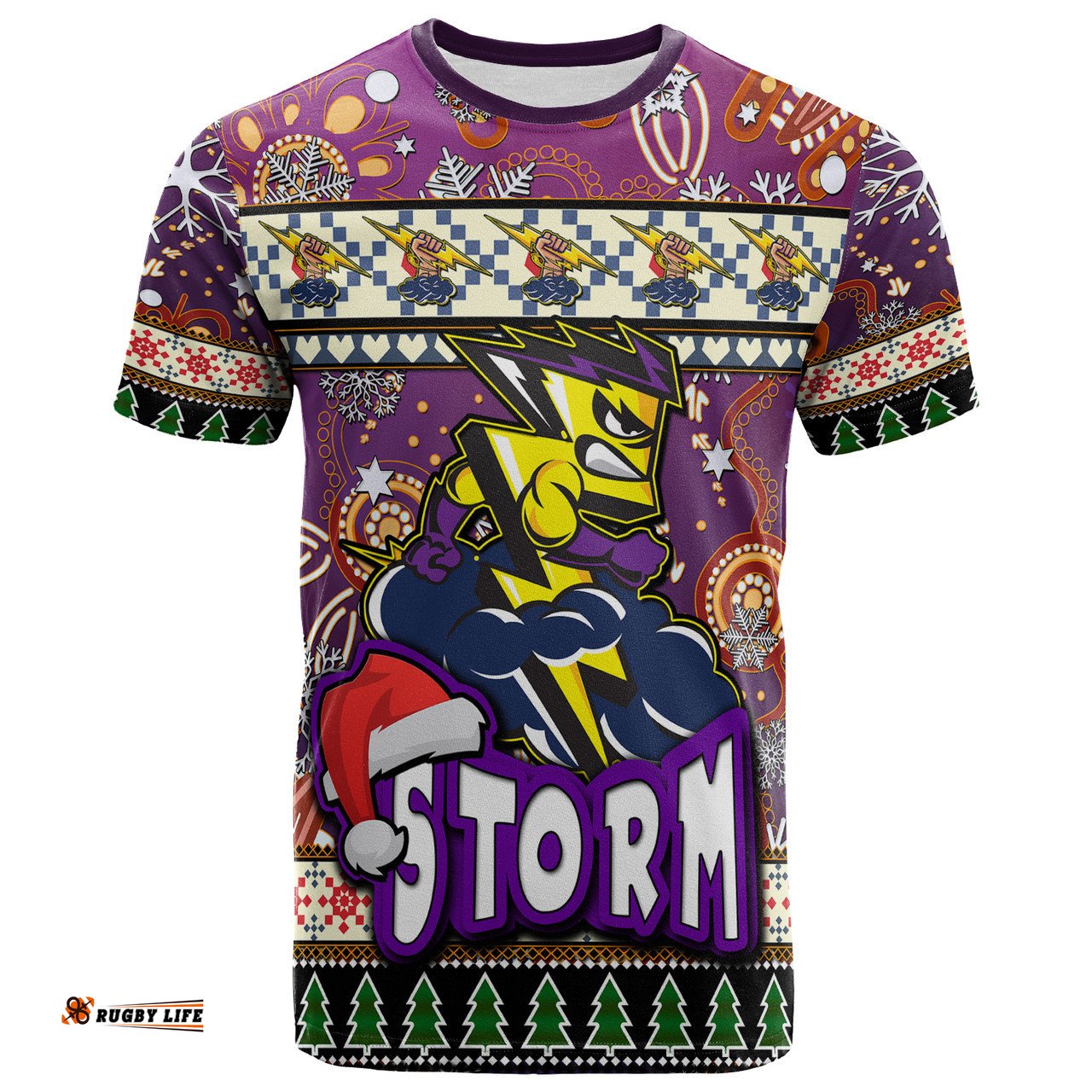 Amazing Aussie Melbourne Storm Christmas T-Shirt - Custom Xmas Melbourne Storm Christmas Balls, Snowflake With Aboriginal Inspired Patterns T-Shirt