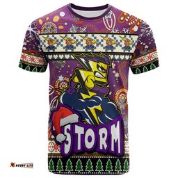 Amazing Aussie Melbourne Storm Christmas T-Shirt - Custom Xmas Melbourne Storm Christmas Balls, Snowflake With Aboriginal Inspired Patterns T-Shirt