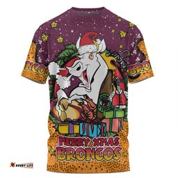 Amazing Aussie Brisbane Broncos Christmas Custom T-shirt - Merry Christmas Our Beloved Team With Aboriginal Dot Art Pattern T-shirt