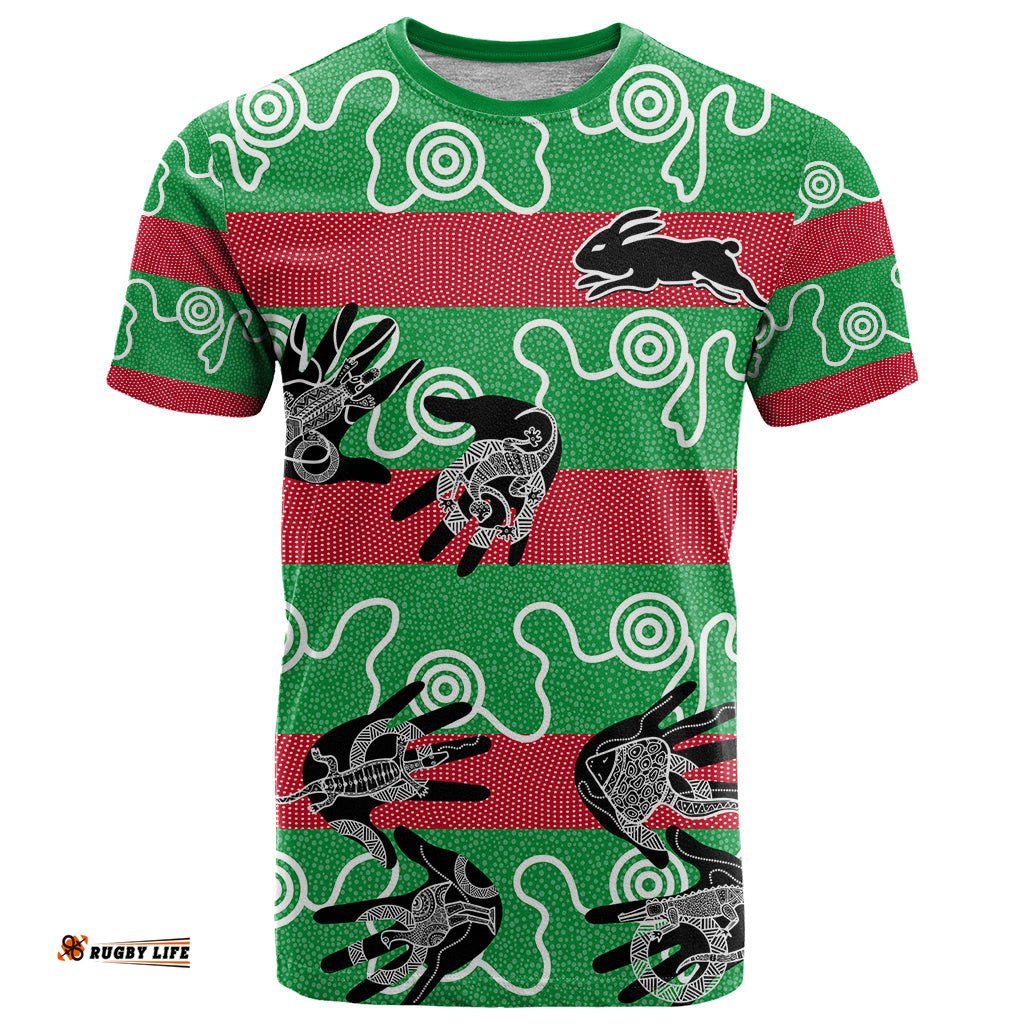 custom text and number rabbitohs rugby premiers t shirt go the bunnies aboriginal dots