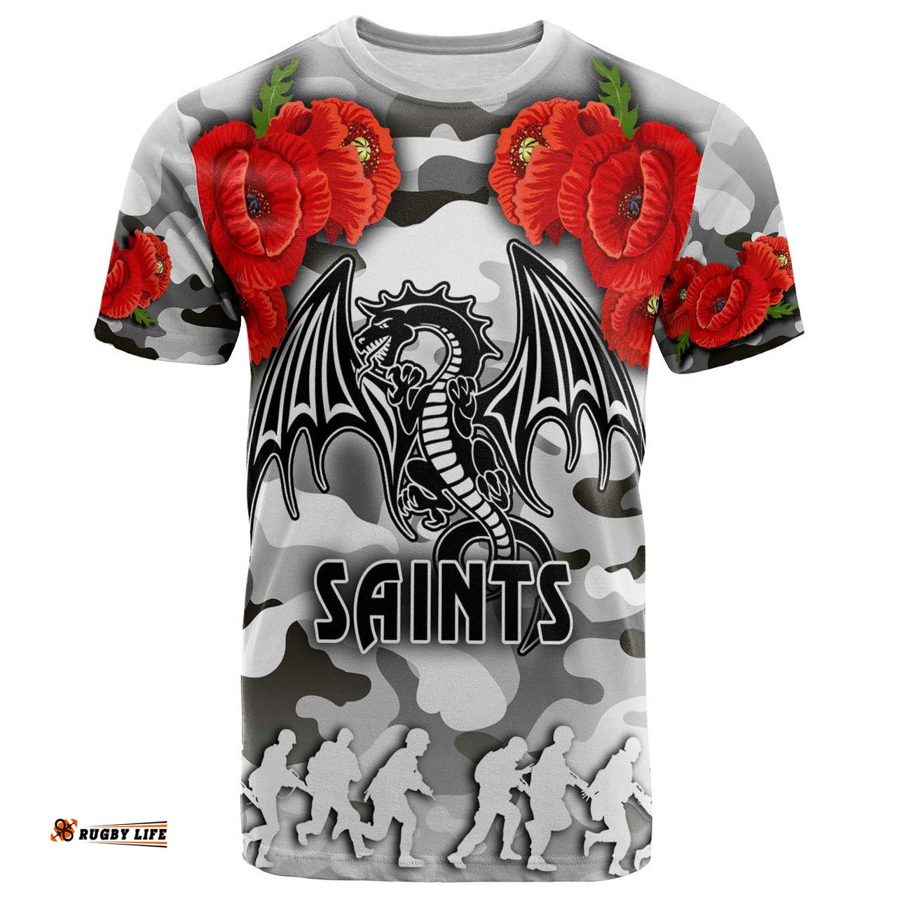 Amazing Aussie St. George Illawarra Dragons Anzac Custom T-shirt - Poppies Flower Saint Lest We Forget T-shirt