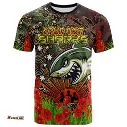 sharks rugby t shirt custom anzac sharks with remembrance poppy and indigenous patterns t shirt