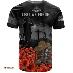 Amazing Aussie Australia T-Shirt Lest We Forget Hat And Boots Design Poppy Flower