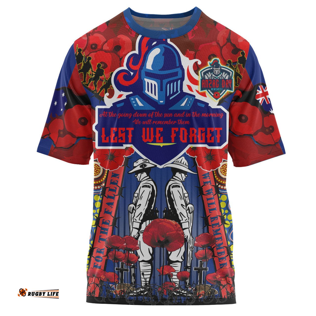 Amazing Aussie Newcastle Knights Anzac Watercolour Custom T-shirt - Newcastle Knights Anzac Day Commemoration Poppy Flower T-shirt