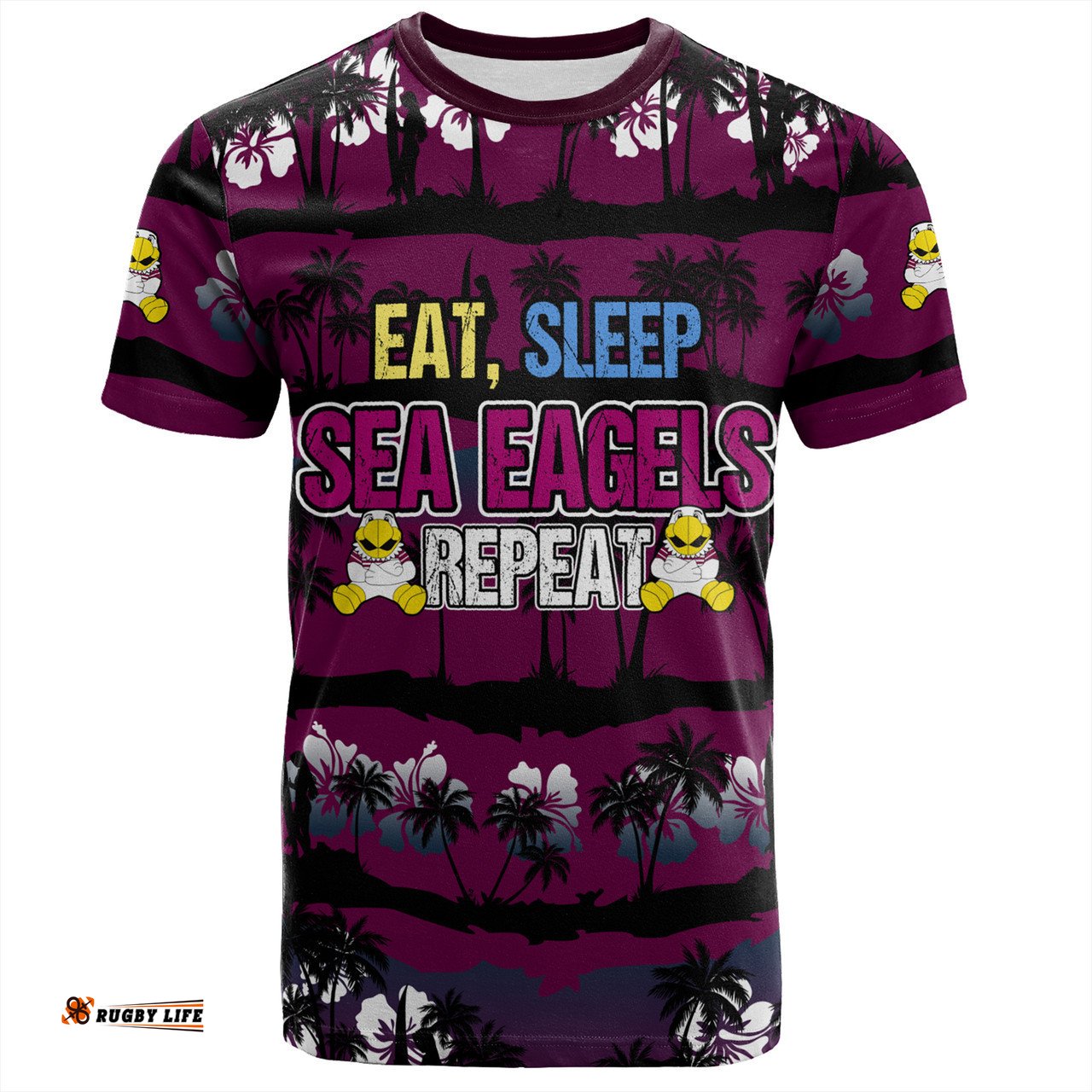 Amazing Aussie Manly Warringah Sea Eagles T-Shirt - Eat Sleep Repeat With Tropical Patterns