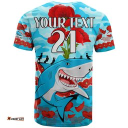 custom text and number sharks rugby anzac t shirt lest we forget