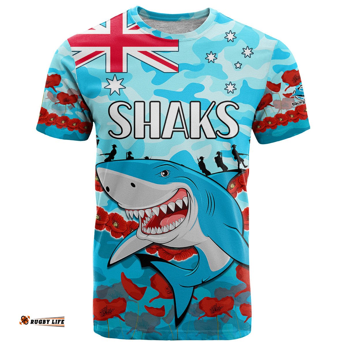 custom text and number sharks rugby anzac t shirt lest we forget