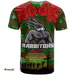 Amazing Aussie Australia Rabbitohs T- Shirt - Aboriginal Inspired Australia Rabbitohs Anzac '' Lest We Forget '' With Poppy Flower T- Shirt